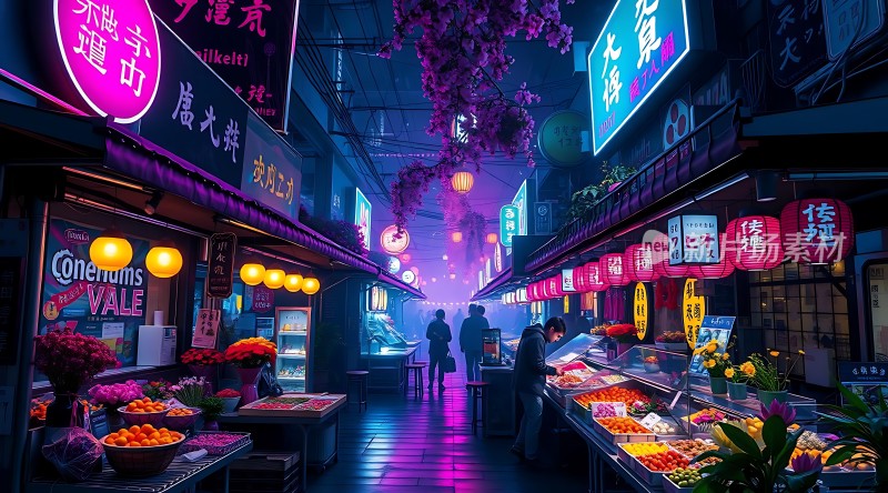 霓虹灯下的夜市繁华景象