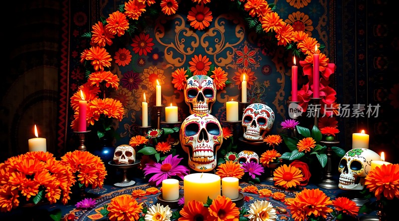亡灵节祭坛蜡烛与骷髅共舞鲜花点缀生死边界