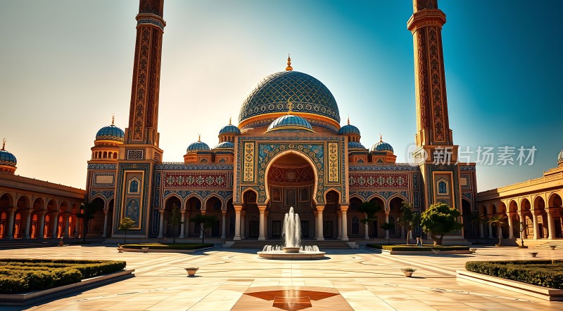 金色清真寺蓝色圆顶与喷泉映衬下的壮丽景象