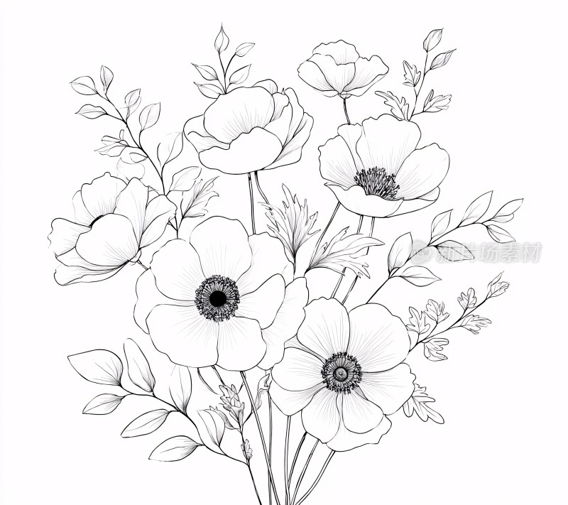 黑白线条绘制的花卉插画