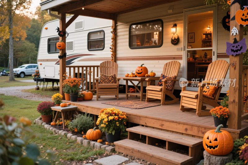 装饰有南瓜的房车户外场景