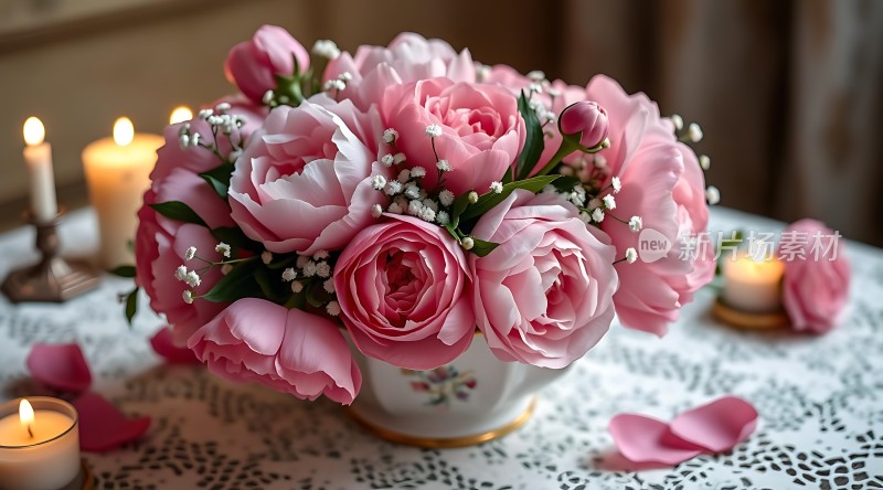 温馨烛光映衬下的浪漫粉玫瑰