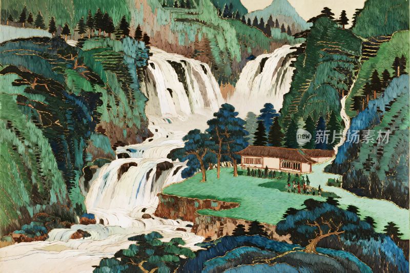 山水瀑布风景插画