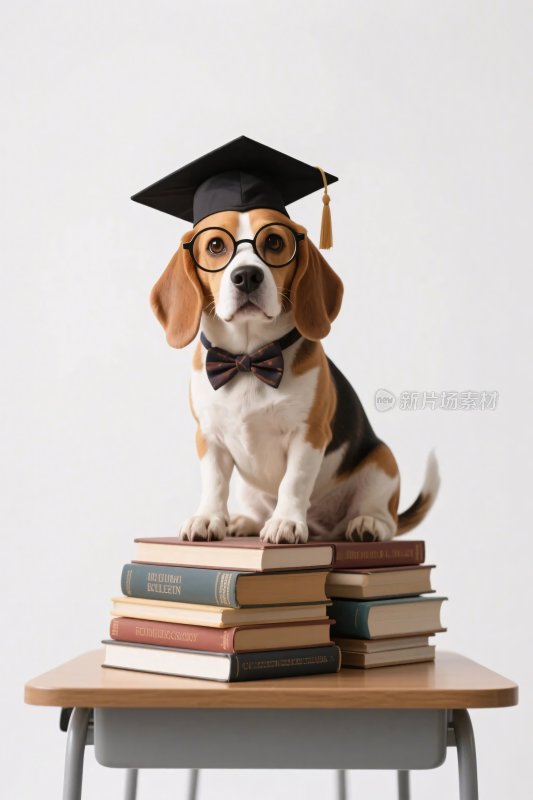 戴学士帽的小狗坐书堆