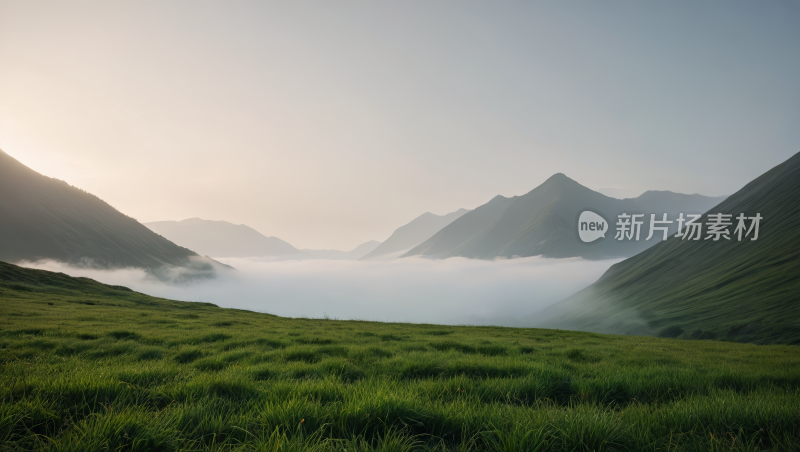 草地山脉空气中有雾高清图片