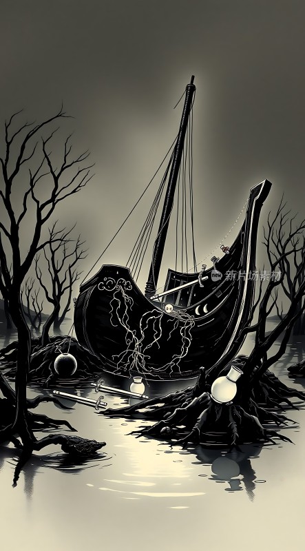 沉船迷踪孤舟静卧枯木间