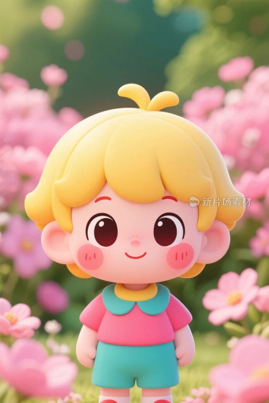 卡通小女孩与花丛