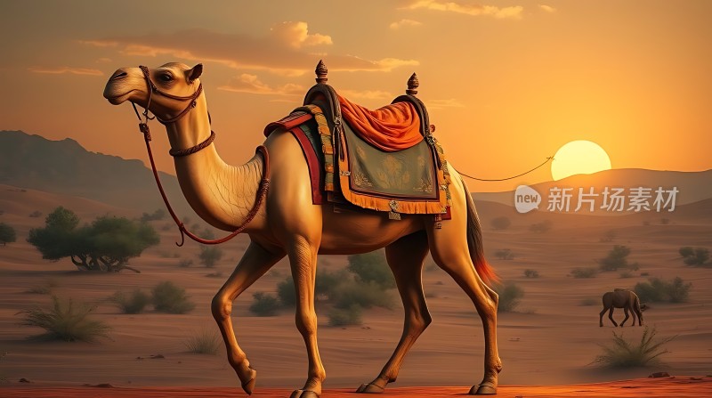 沙漠驼影日落图