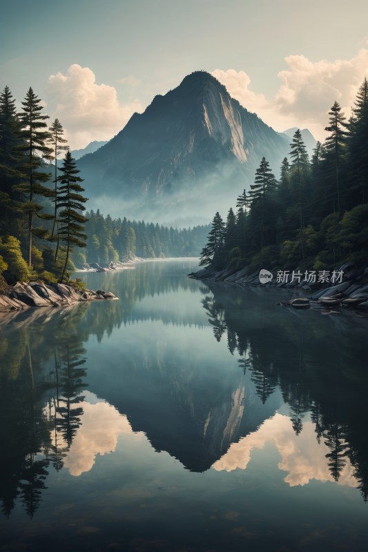 山倒映在树木环绕的湖水中高清风景图片