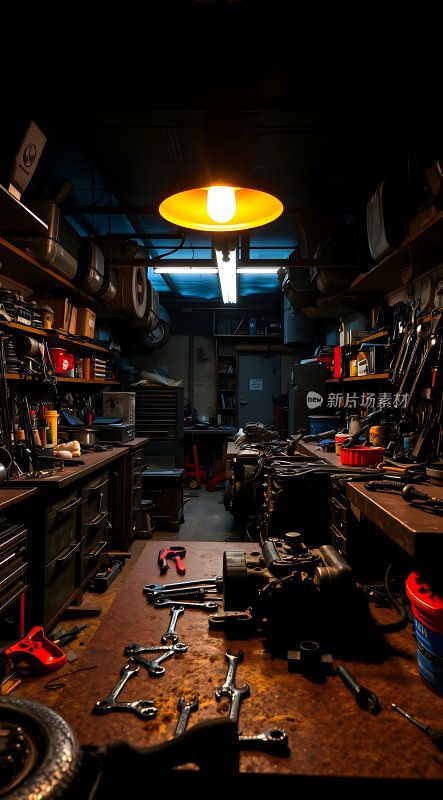 昏暗车间里的工具世界