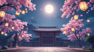 春夜古院灯笼映月