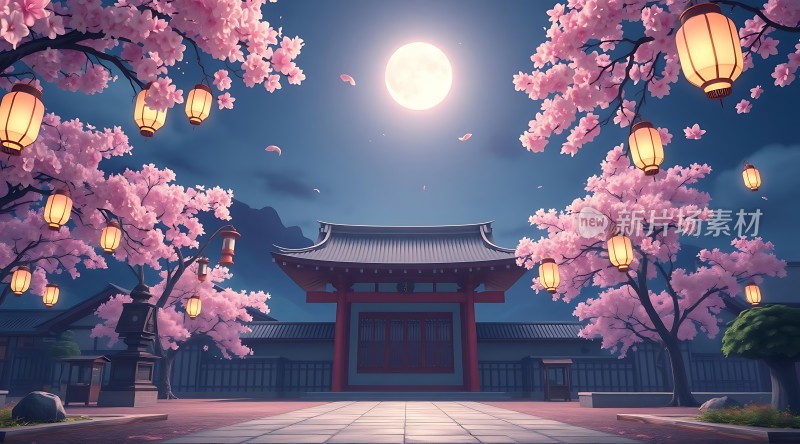 春夜古院灯笼映月