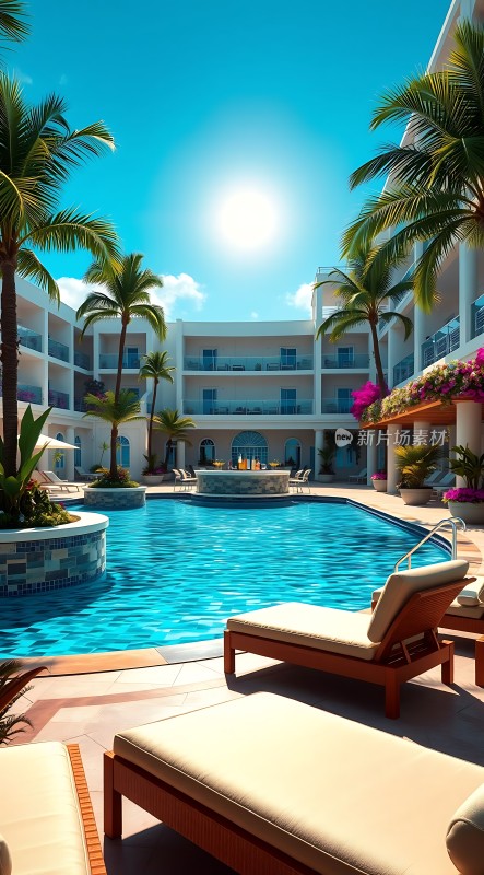 阳光下的热带风情泳池度假胜地