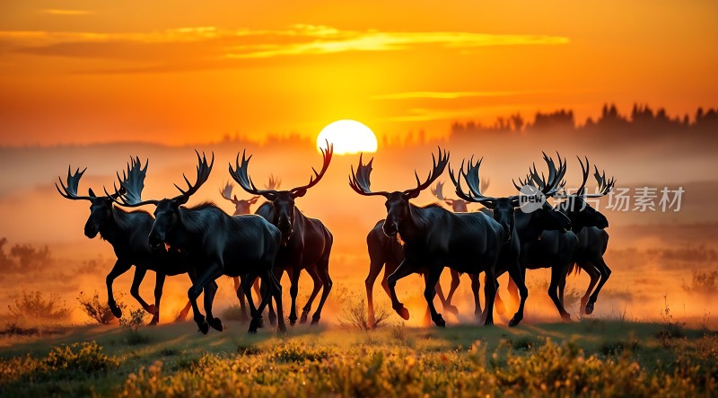 日落下的麋鹿群