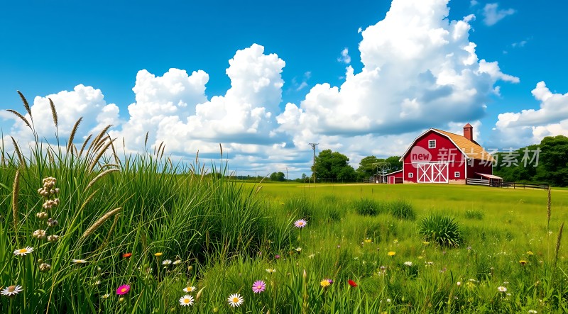 蓝天白云下的红色谷仓与绿茵草地