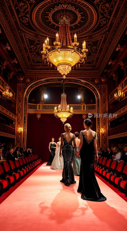 红毯秀上的华丽礼服与璀璨吊灯