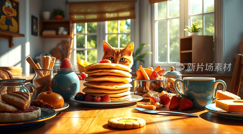 阳光下的早餐时光橘猫偷窥美食