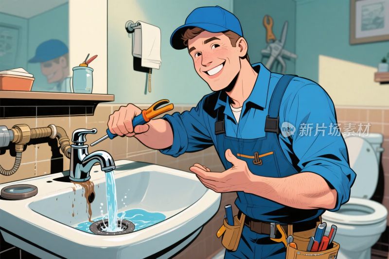 修理工修理水龙头插画