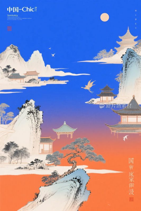 传统山水风景插画