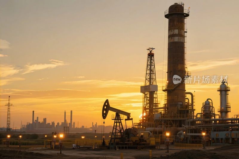 工业石油厂景日落图