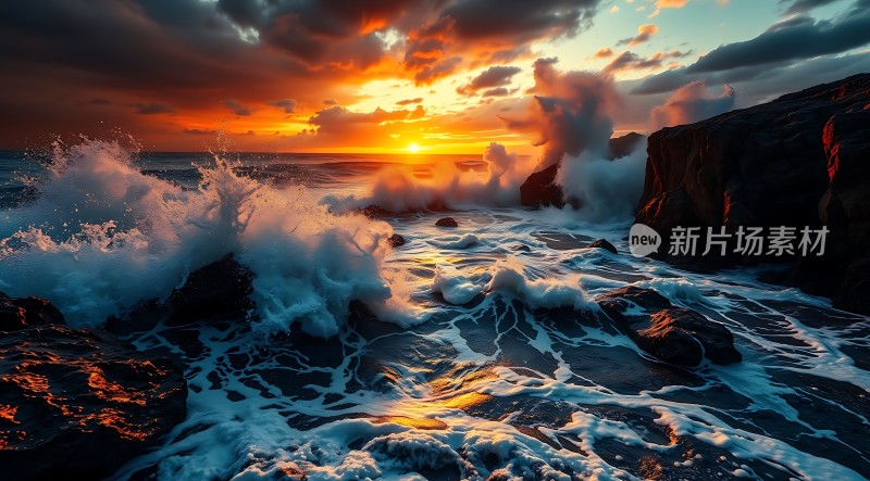 日落时分的海浪与岩石