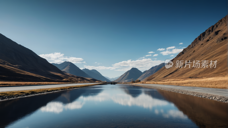 山倒映在山谷中央的河水中风景图片