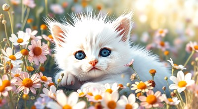 小白猫在花丛中