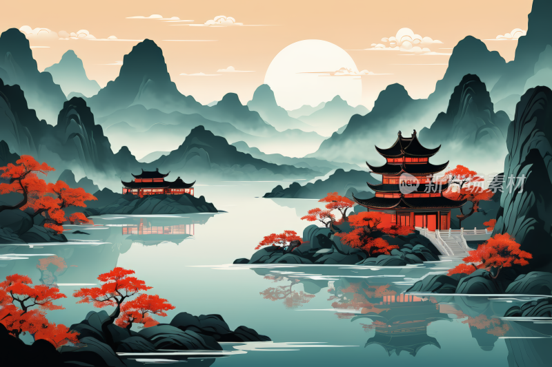 中间有宝塔和湖泊的风景插图高清背景图片