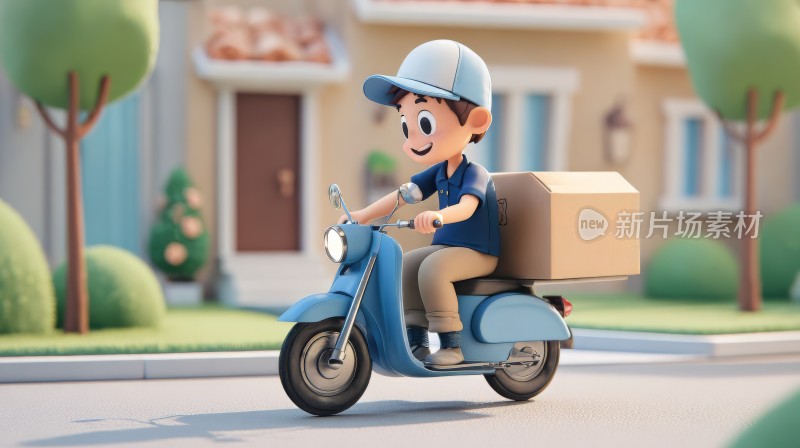 3d卡通快递员，摩托车包裹送货