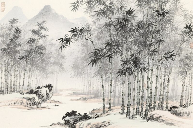 水墨竹林山水国画