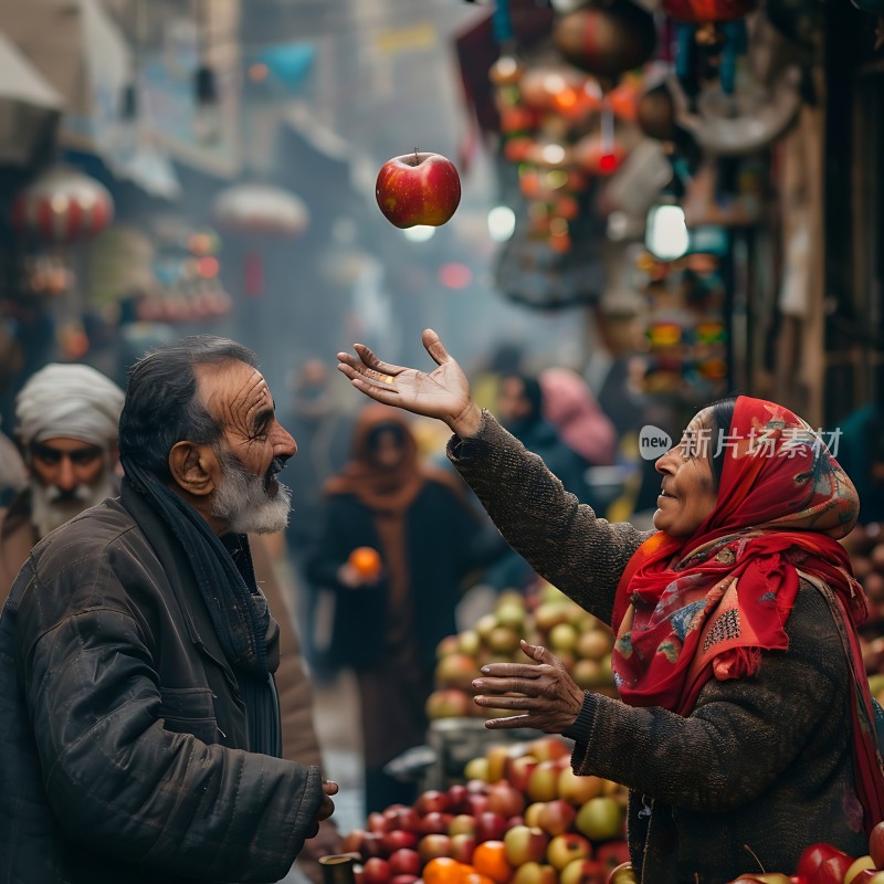 街头交易苹果与微笑的交流