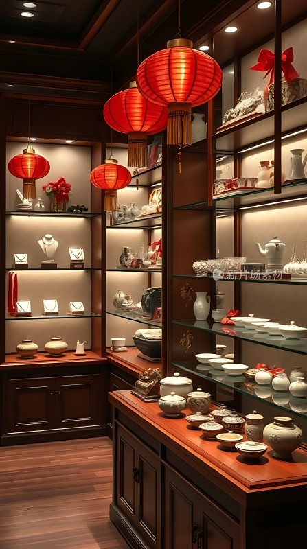 古风瓷器展示红色灯笼映衬下精美陶瓷陈列其中