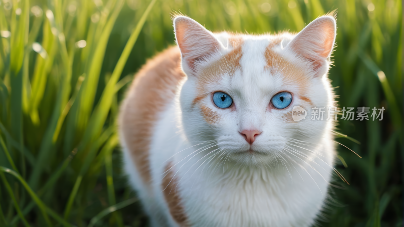 一只蓝眼睛的猫在草地上高清风景图片