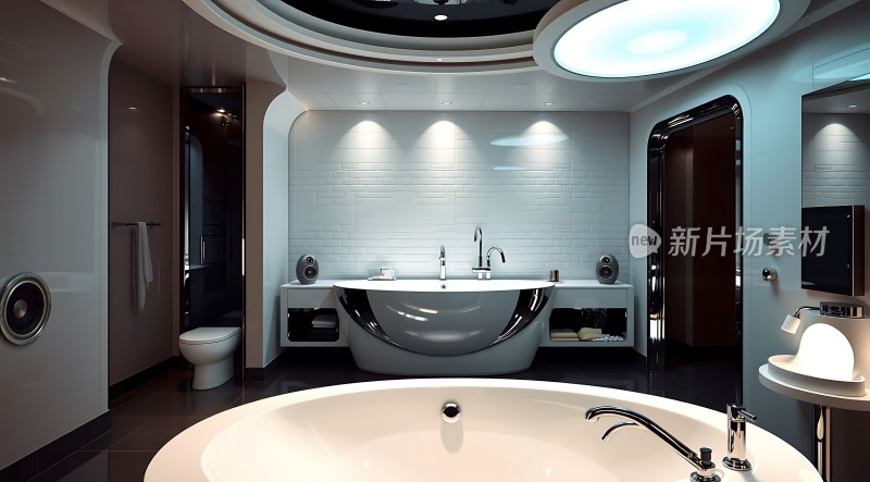 现代浴室设计圆形浴缸与时尚洗手台