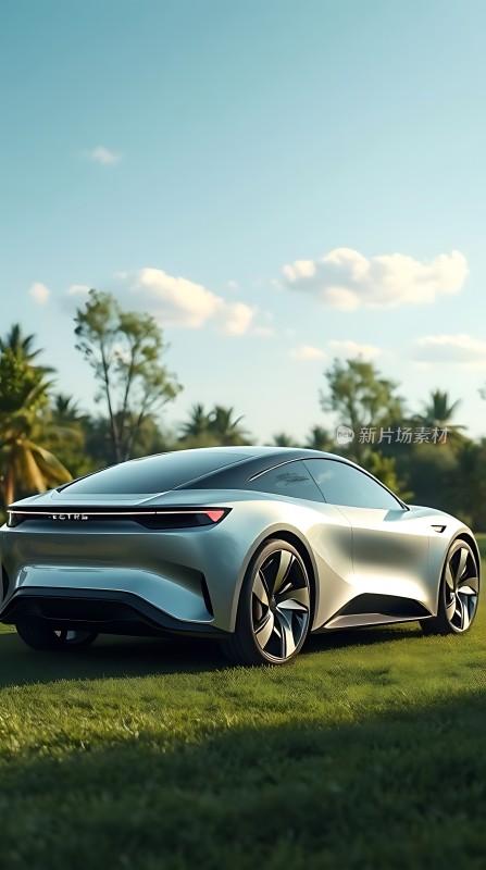 银色跑车在绿茵草地上的优雅姿态