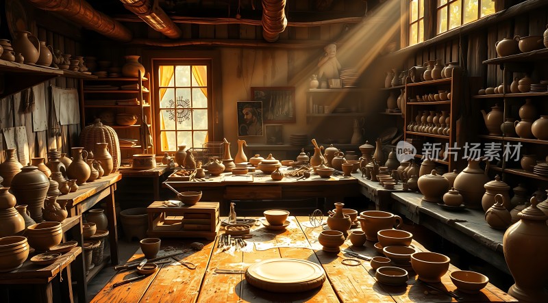 陶艺工作室阳光下的瓷器世界