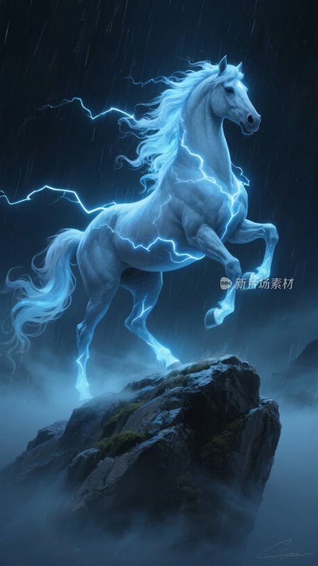 闪电环绕的腾空白马