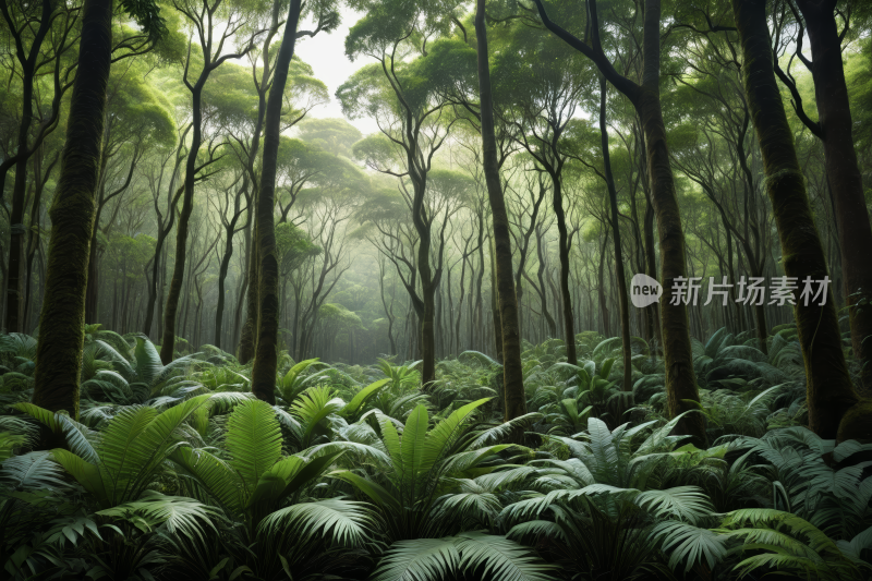 一片森林里面树木和蕨类植物很多高清图片