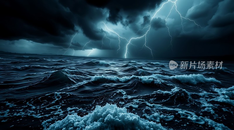 暴风雨中的海浪与闪电