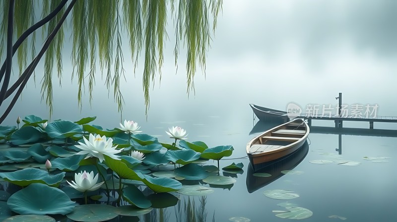 湖畔轻舟映白莲