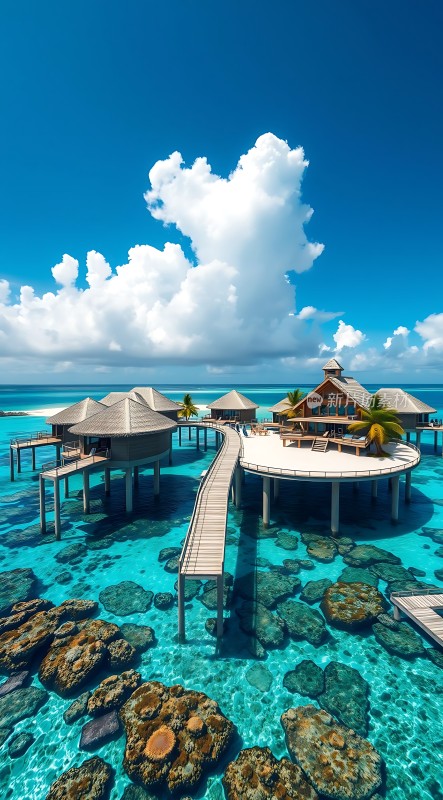 碧海蓝天下的水上木屋度假胜地