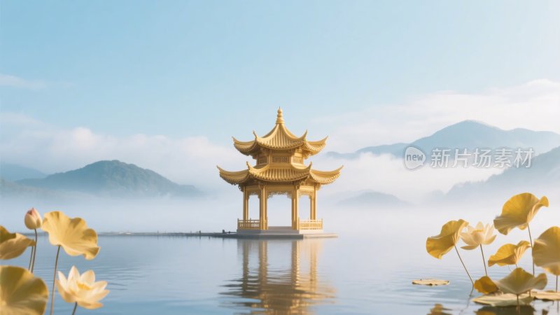 湖中金亭与荷花的唯美景致