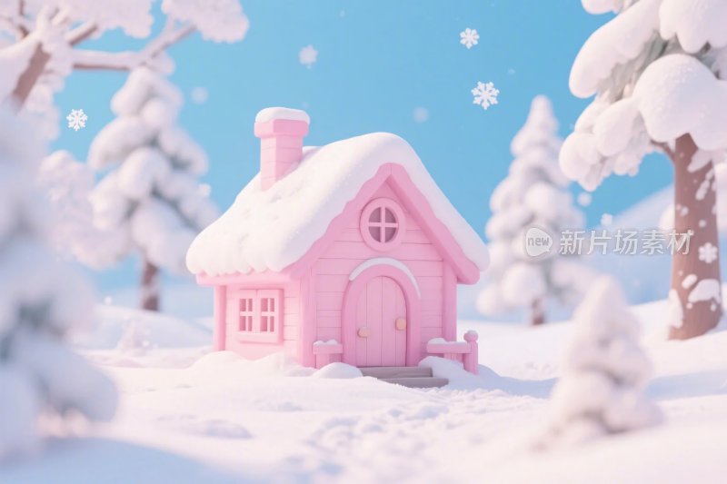 粉红色童话雪景小屋