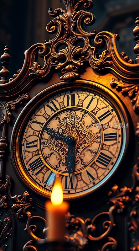 古铜色时钟与蜡烛