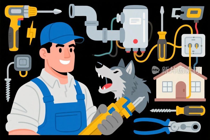 维修工人与工具插画