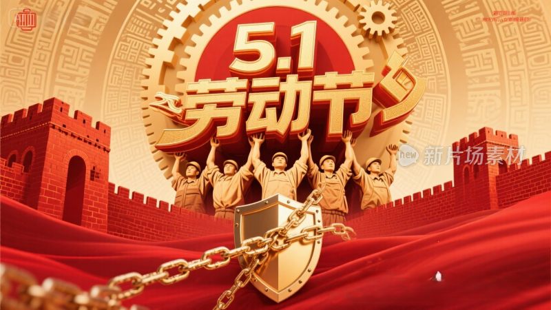 竖版现代国潮风海报5.1劳动节烫金立体字