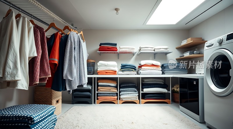 整洁衣帽间衣物有序摆放洗衣机一旁待命