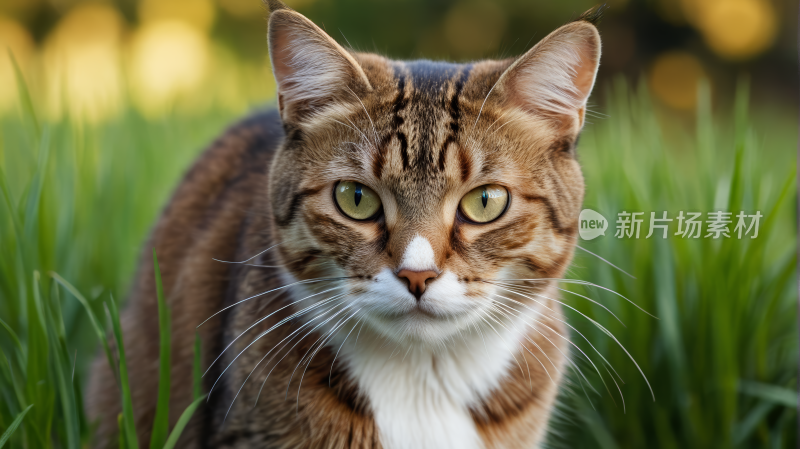 一只眼睛绿绿的猫站在草地上高清风景图片