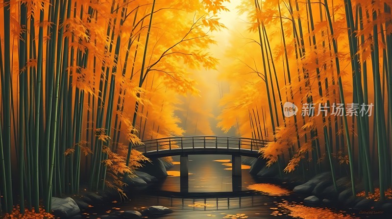 秋日金竹映小桥