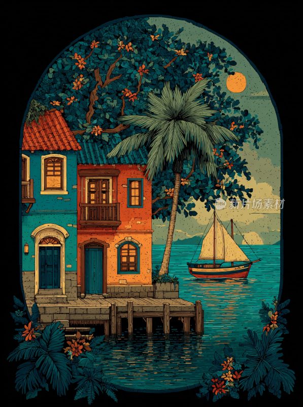 海边小屋月夜风景插画